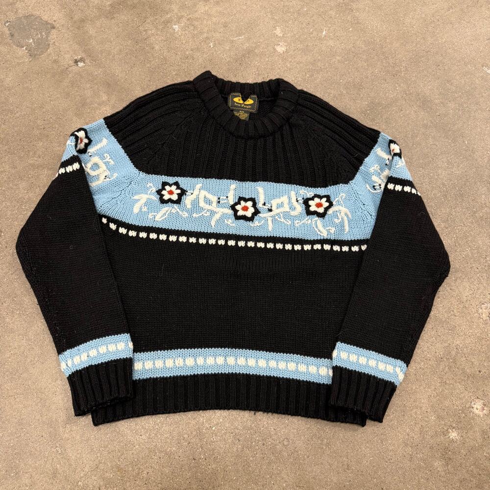 Vintage Free People Lambswool Crewneck Pullover Sweater Floral Embroidered Med
